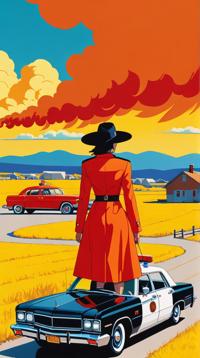 high contrast art by Charles Gwathmey, Memecore Art, landscape of a Blazing Fields of the Ember Witches and Police car, Historical