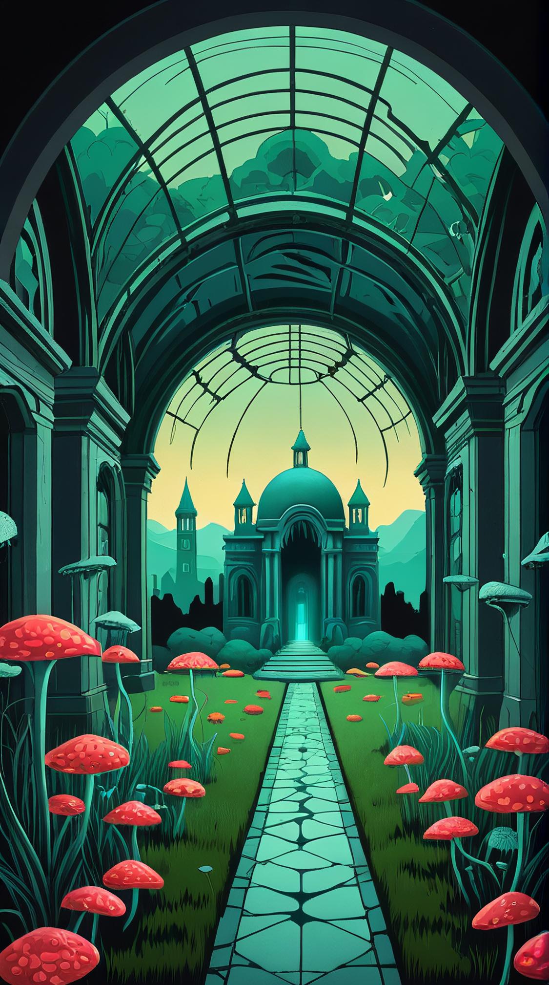 designed by Tony Sandoval and Tara McPherson , fairy tale, landscape of a Necropolis and Alien biodome, inside a Visionary Bern
