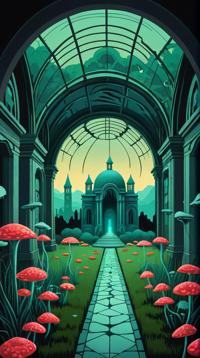 designed by Tony Sandoval and Tara McPherson , fairy tale, landscape of a Necropolis and Alien biodome, inside a Visionary Bern