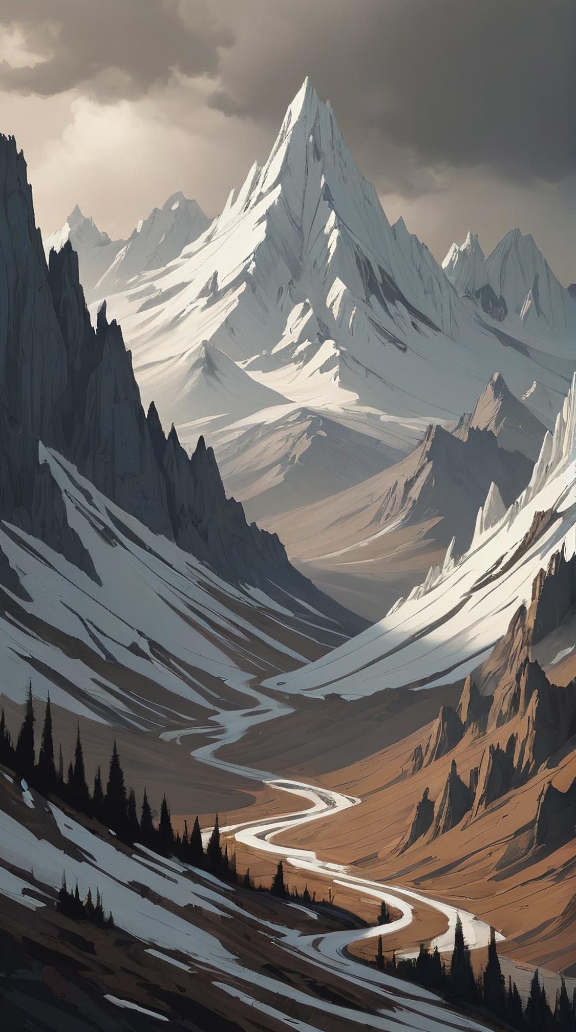 by Lois van Baarle, mountains, landscape of a dark white Kiev , Crude