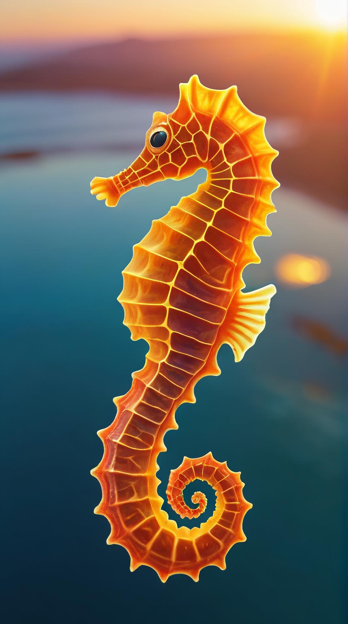 overhead angle of a Seahorse, at Golden hour, pov, psychedelic colors