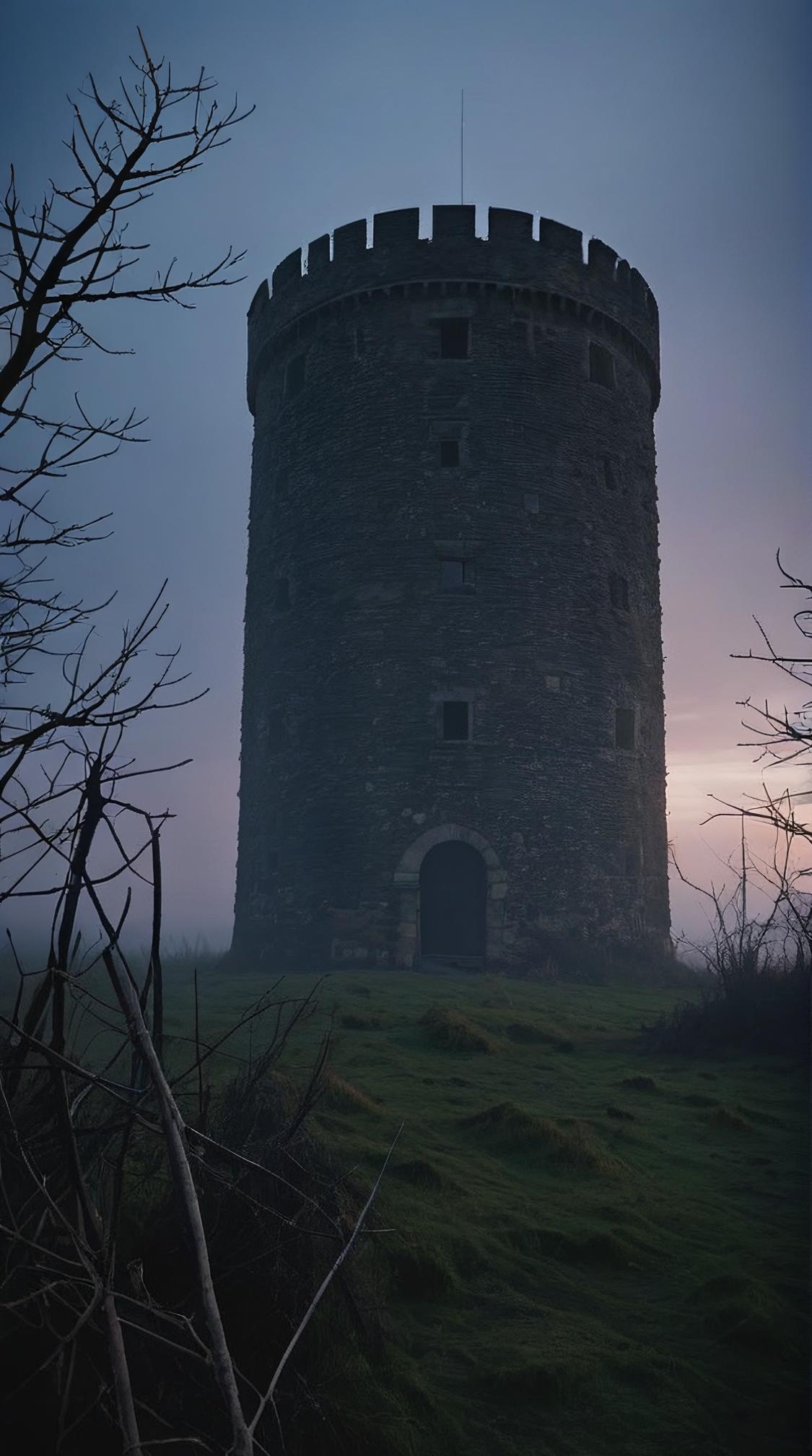 Portrait, Britpop, landscape of a Brume Tower, Ruined
