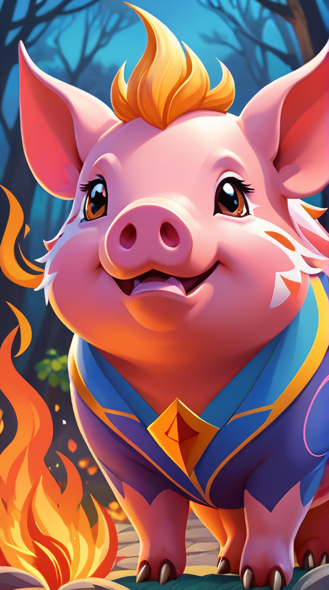 stylized, Gorgeous Unique Fire Pig Pok mon, at Dusk, portrait art designed by Sydney Prior Hall Tom Whalen