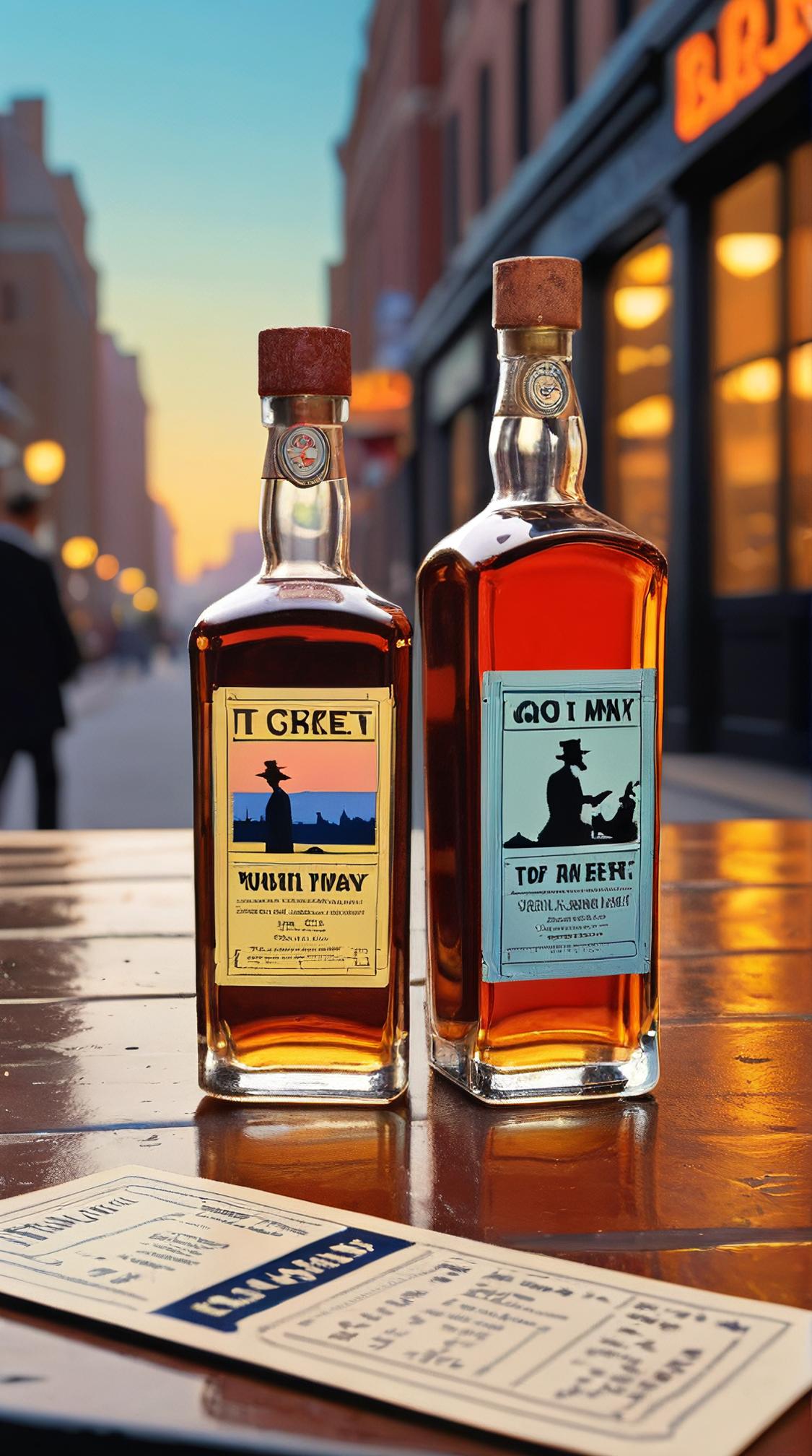clean art by Jules Cheret and Tom Hammick , comics art, wide shot of a I got my ticket for the long way round, two bottle whiskey for the way