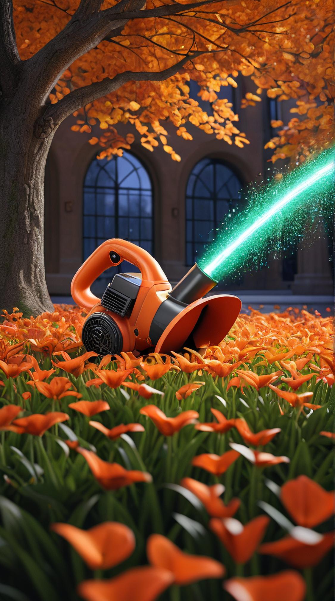 Mind Bending Leaf blower, Synthetic Polymer and Fiber Optic Strands, ultra detailed, incredible lighting