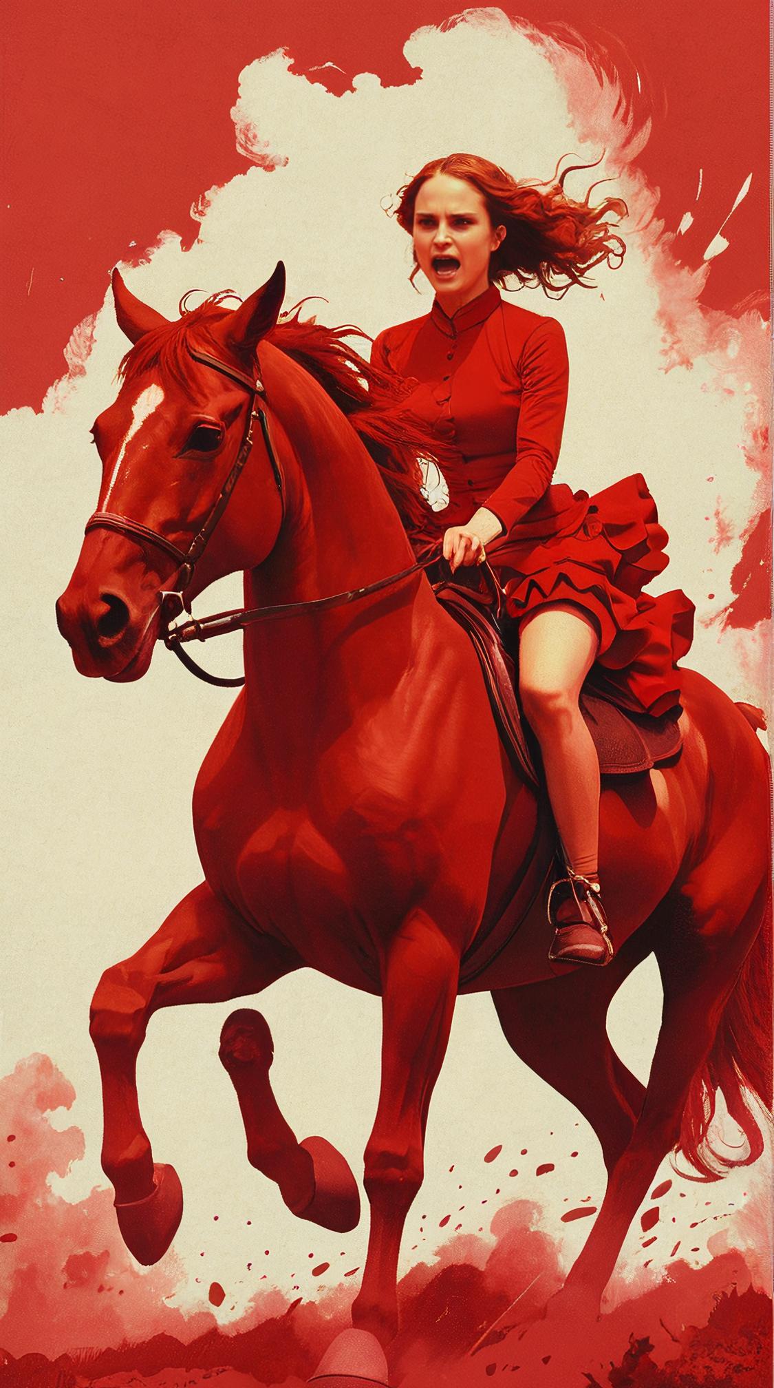Anthotype Print of a Historical Angry Natalie Portman of Fire Horse back riding, she is feeling resentfull, frolicking in an indoors, Red hair