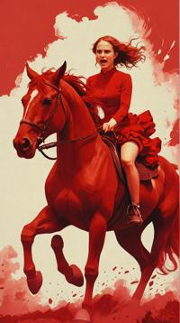 Anthotype Print of a Historical Angry Natalie Portman of Fire Horse back riding, she is feeling resentfull, frolicking in an indoors, Red hair