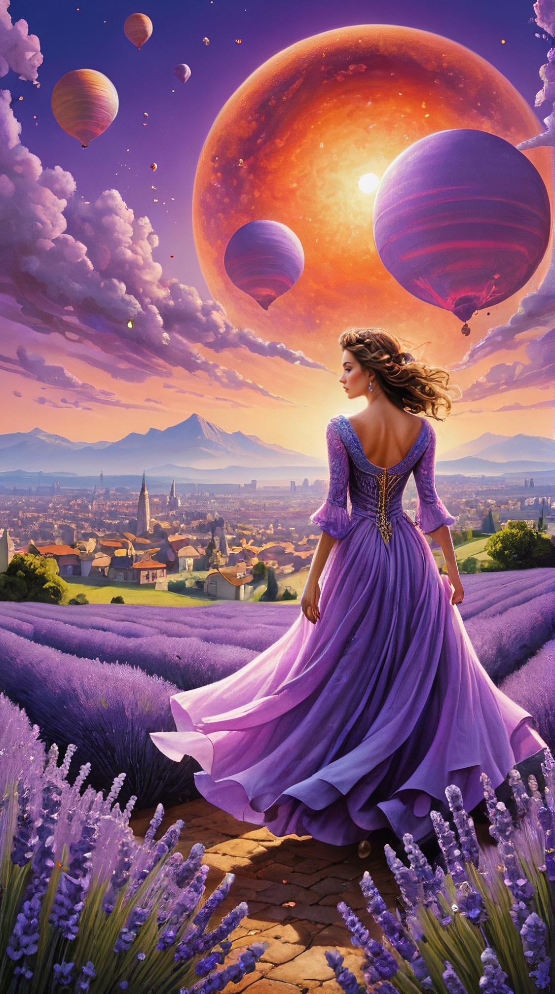 art by Karol Bak, landscape of a Magical Planetary Nexus Smog Drenched Rooftop , Lavender background, city and field