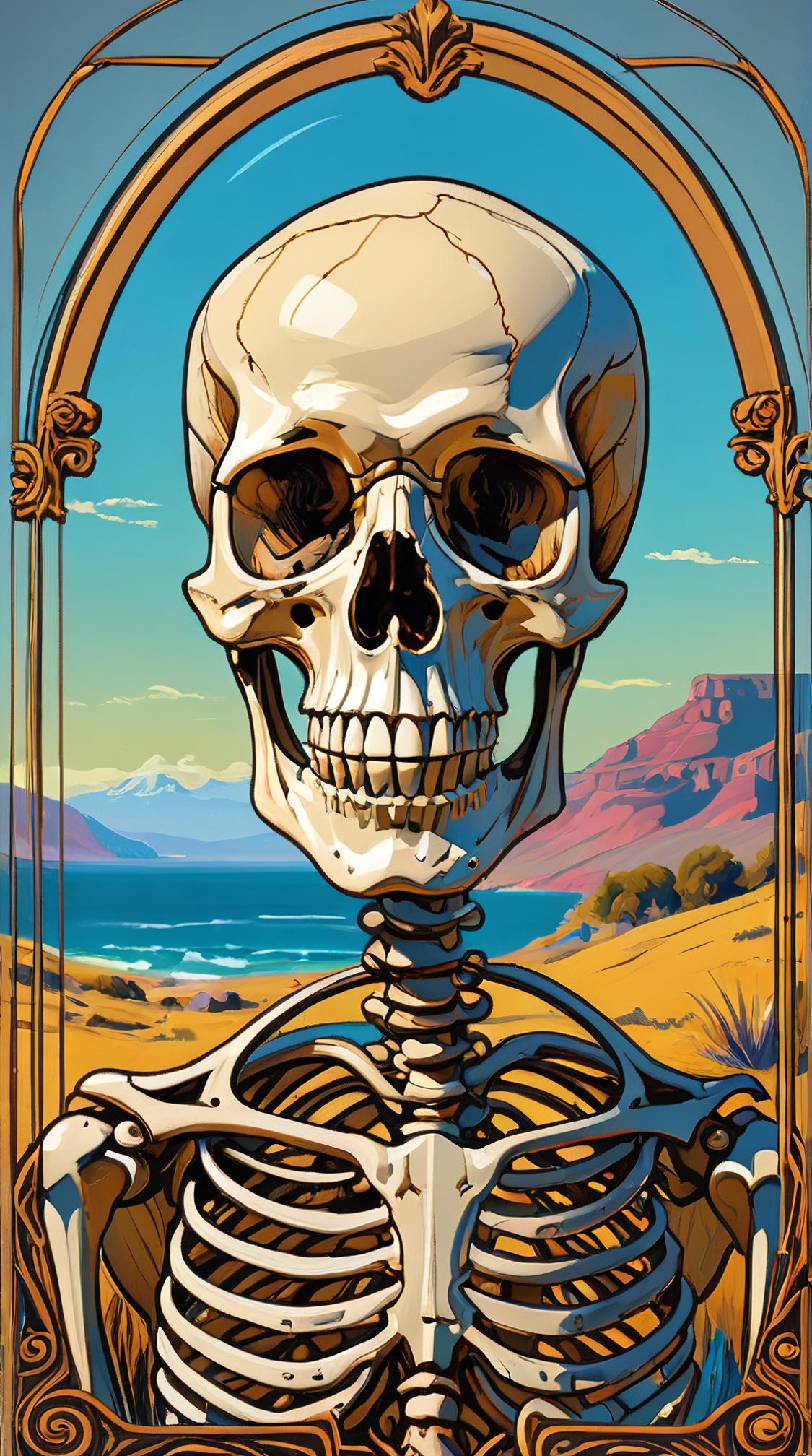 stylized by Arthur Streeton , landscape art, Skeleton, Doodle Art style