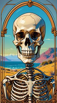 stylized by Arthur Streeton , landscape art, Skeleton, Doodle Art style