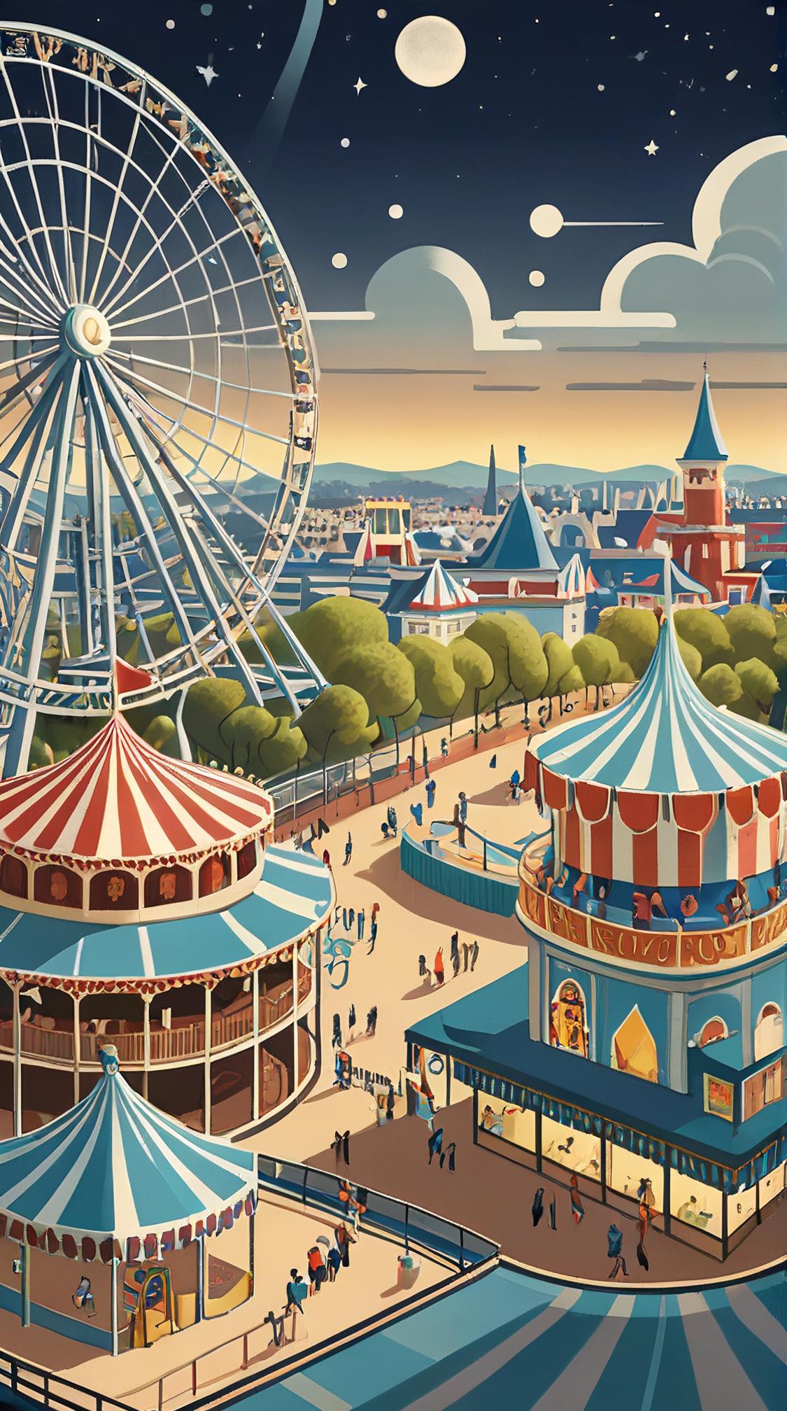 adorable, high angle shot of a Shimmering Hard Celestial body, Amusement park in background, Duckcore