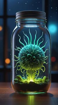 Noxious Claymore in a Mason jar, sleek, at Nighttime, Sharp and in focus