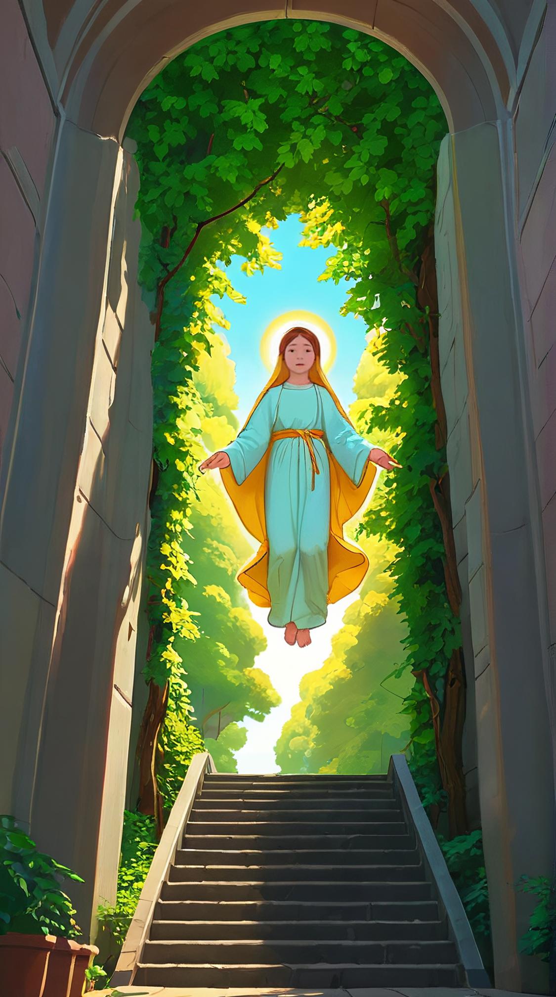 vibrant art by Wes Anderson, trees, Full length frame of a Palehearted The Assumption of Mary , from inside a Narrow Viaduct