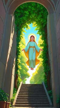 vibrant art by Wes Anderson, trees, Full length frame of a Palehearted The Assumption of Mary , from inside a Narrow Viaduct