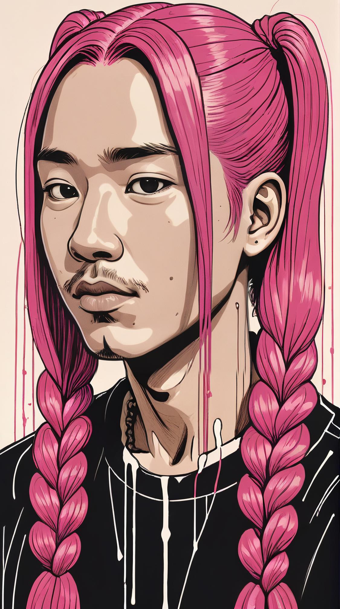 Ink Dripping Drawing, Filipino Guy, he is Hard, Pink hair styled as Pigtails