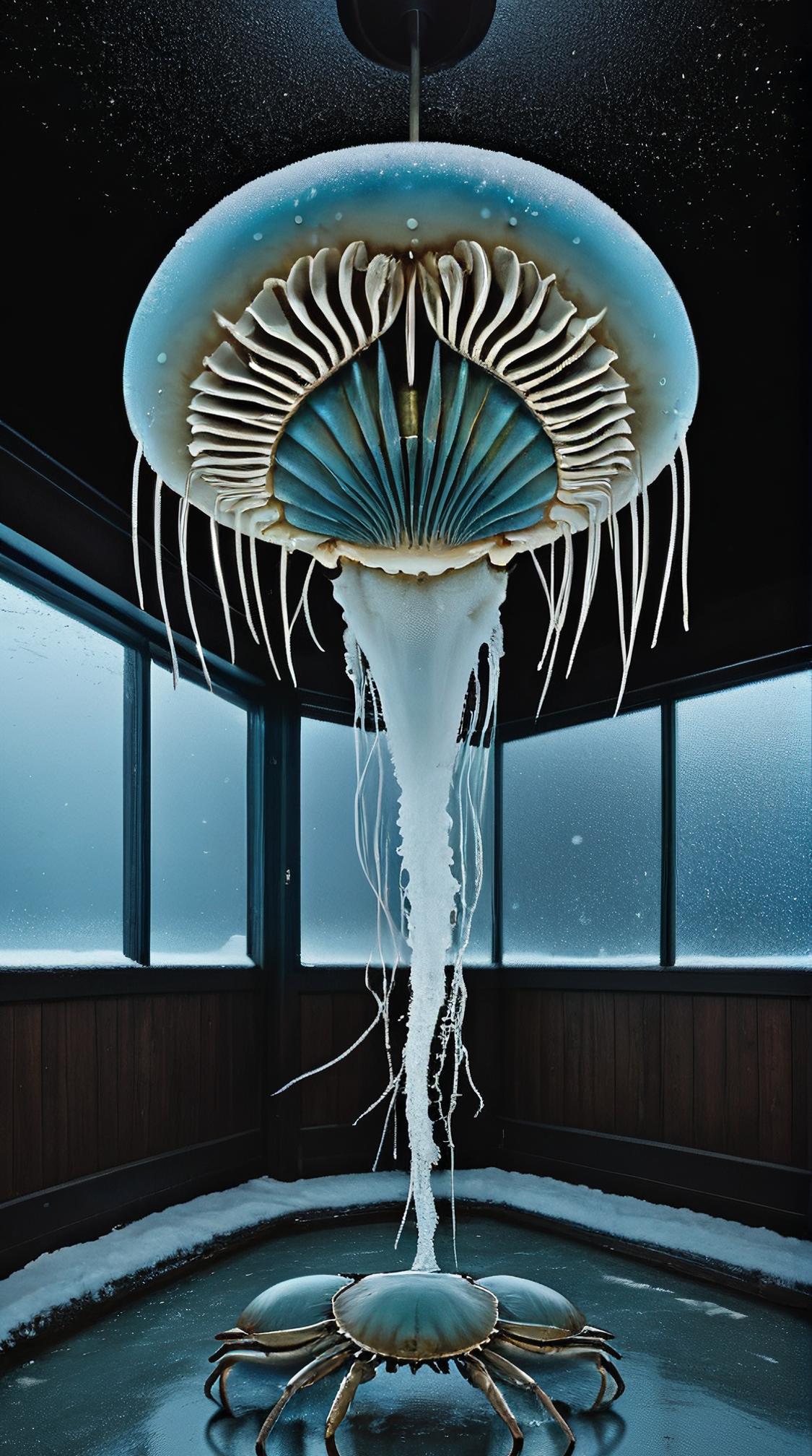 cityscape art by George Tice and Ettore Tito, Shy Loathsome White and Sky Blue Lion s Mane Jellyfish Horseshoe Crab , from inside a Deformed Danceclub, Snowing