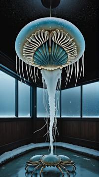 cityscape art by George Tice and Ettore Tito, Shy Loathsome White and Sky Blue Lion s Mane Jellyfish Horseshoe Crab , from inside a Deformed Danceclub, Snowing