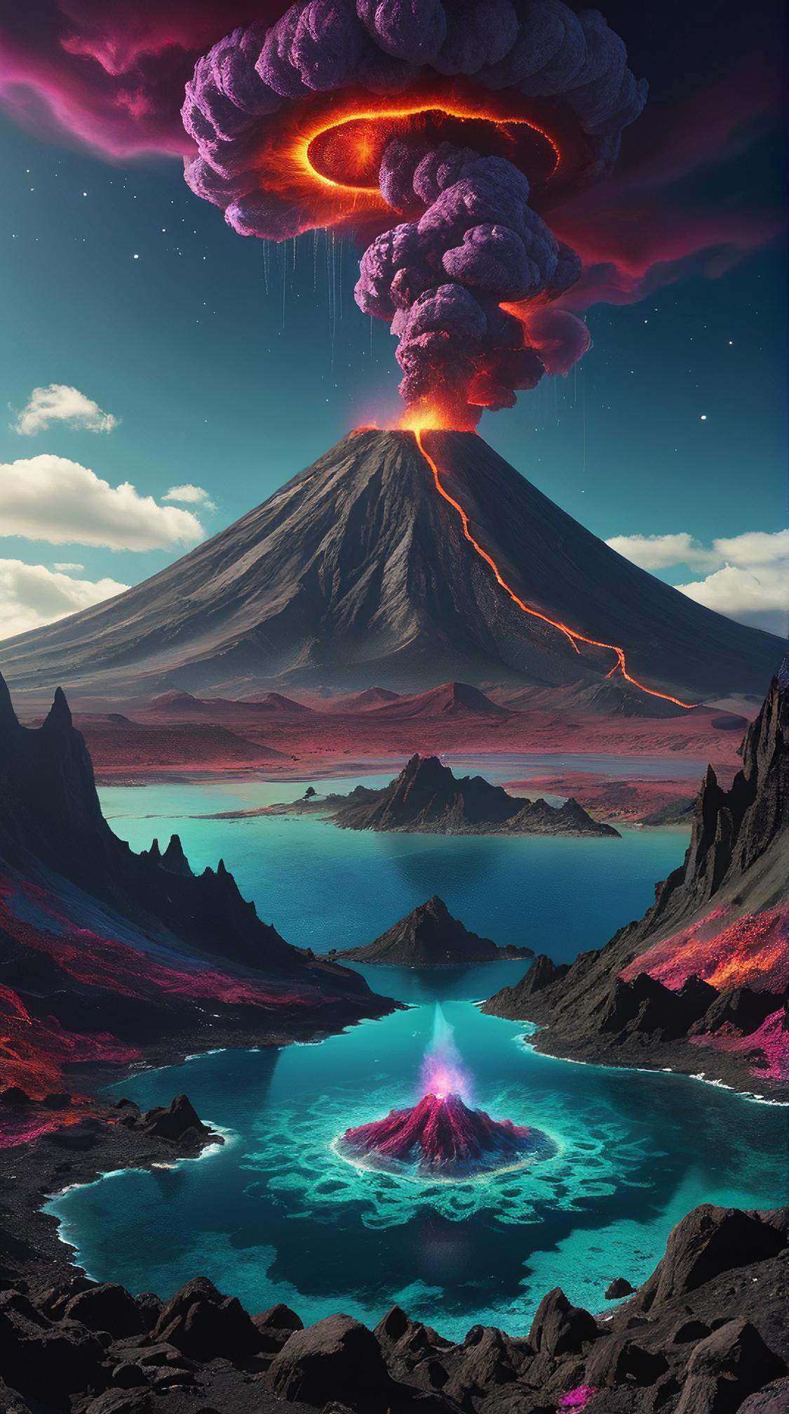 Color splash, landscape of a Organic Cosmic Navigation Center in the distance there is a Underwater volcano, Magic Realism, Witchcore
