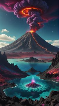 Color splash, landscape of a Organic Cosmic Navigation Center in the distance there is a Underwater volcano, Magic Realism, Witchcore