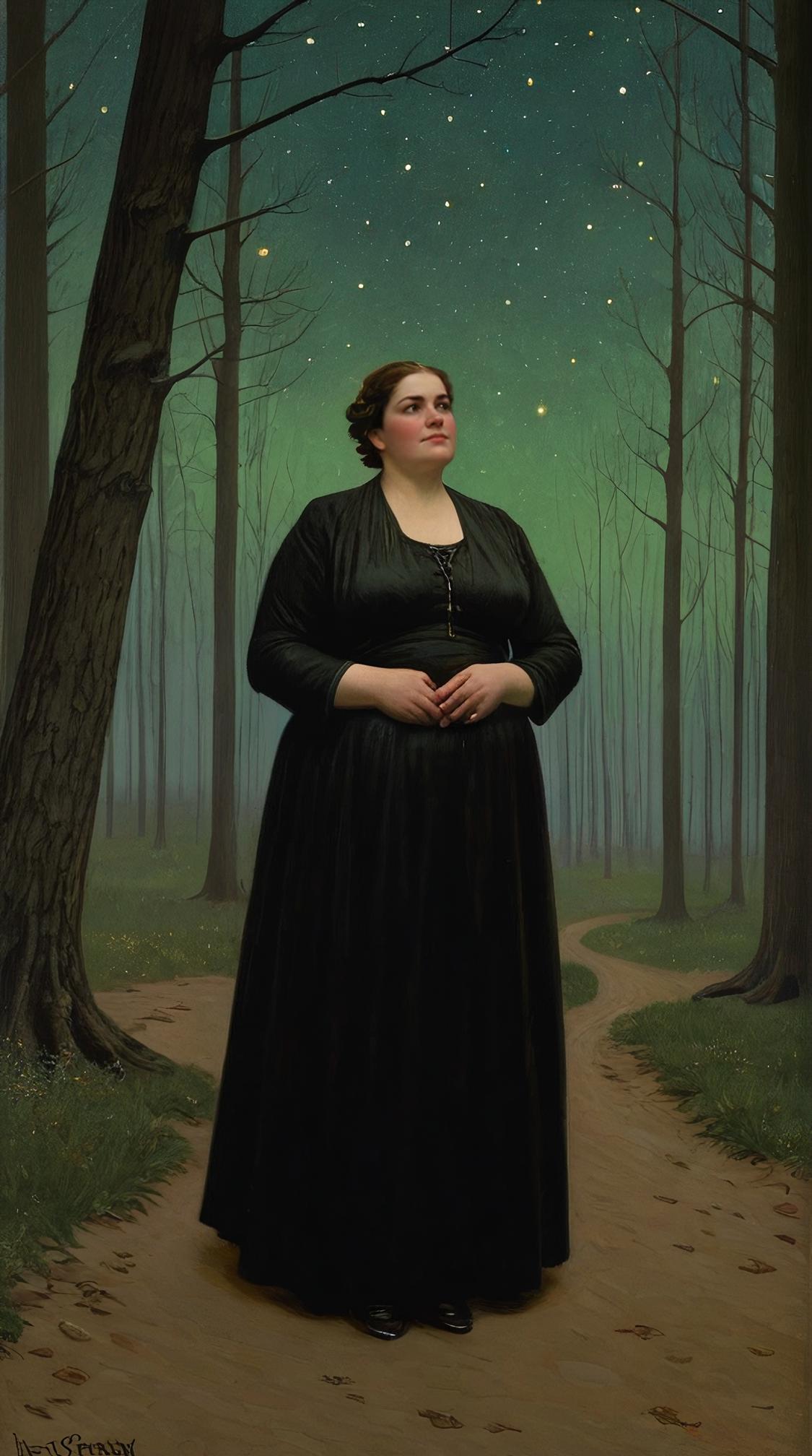 art by L Birge Harrison , Stunning portly Hacker Wife , Meek Salamanca in background, warm forest