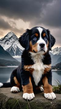 by George Elgar Hicks, Firmin Baes, fantasy Tattoo ink, Raw digital photo of a close up of a Edgy Bernese Mountain Puppy of Building Charm