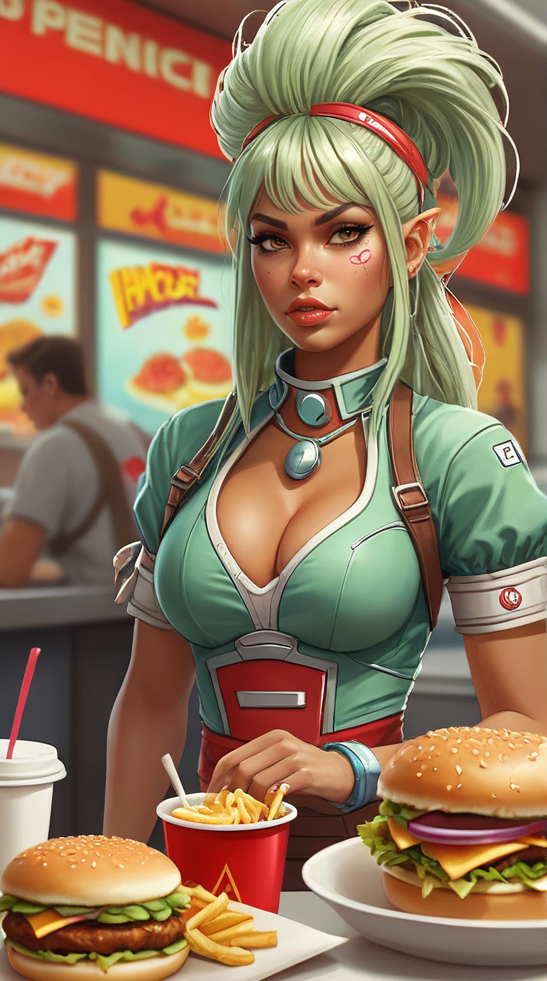 VRay, loose sketching drawing, Octane render of a busty petite Fast Food Employee The Morlocks Argonian , by Peter Mohrbacher