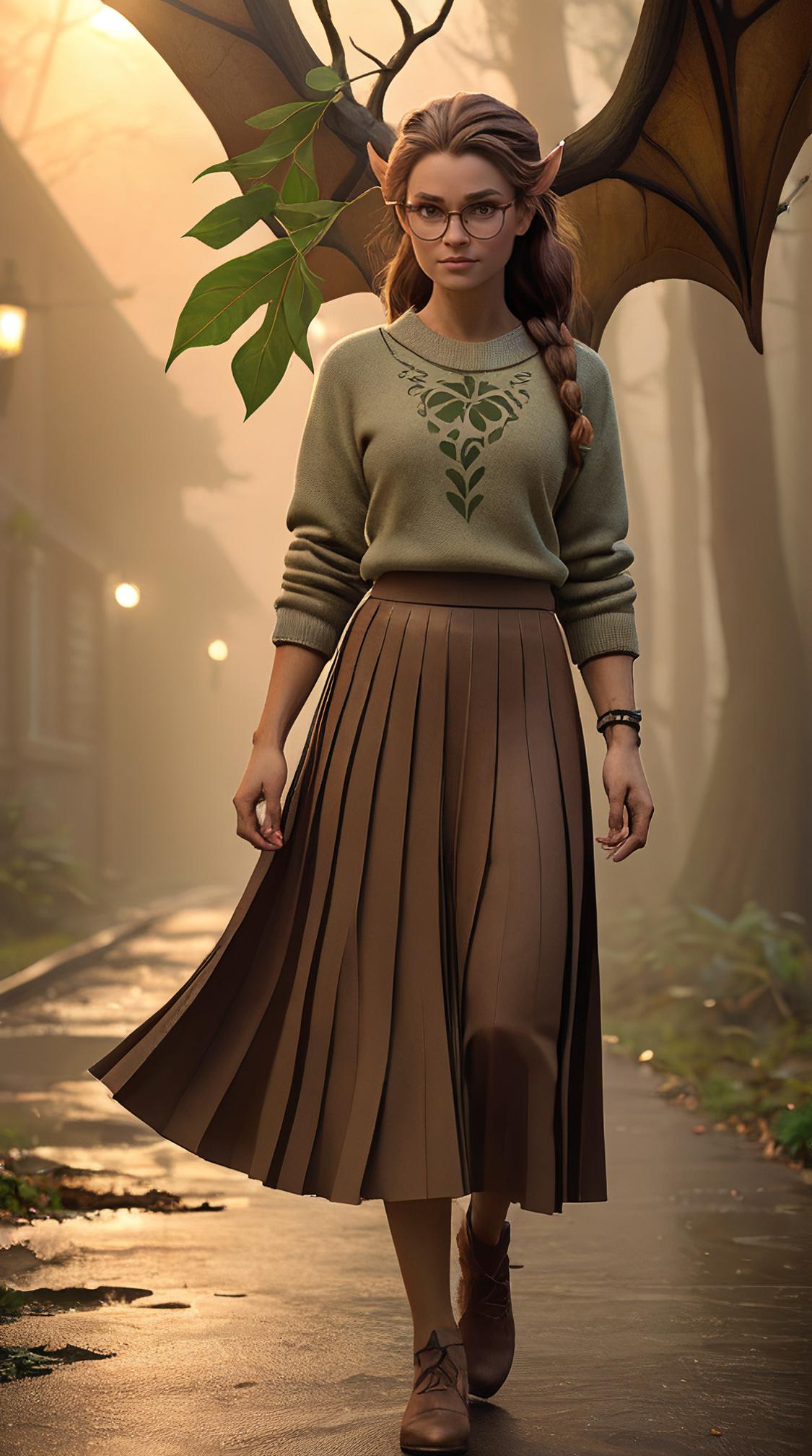 behance, Nerdy Female Dragonkin Dryad , wearing Brown Pleated midi skirt and sweater, Foggy conditions