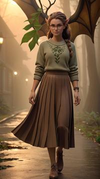 behance, Nerdy Female Dragonkin Dryad , wearing Brown Pleated midi skirt and sweater, Foggy conditions