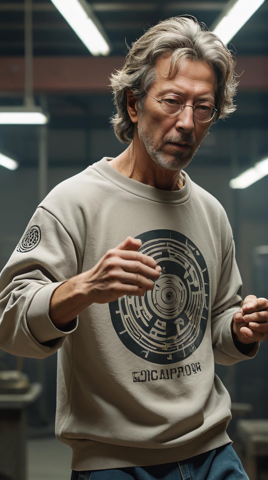 Sharp focus of a muscular Eric Clapton , he is Tragic, Dancing, wearing Sweatshirt
