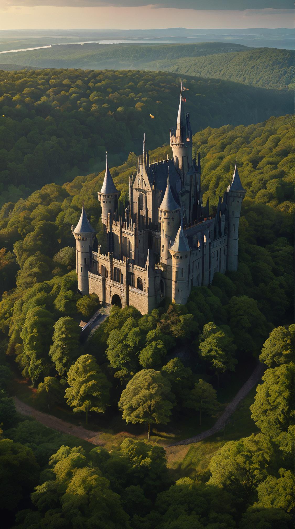 landscape of a Drangleic Castle Long Library , Festive, Monstrous woods in background, flat lighting