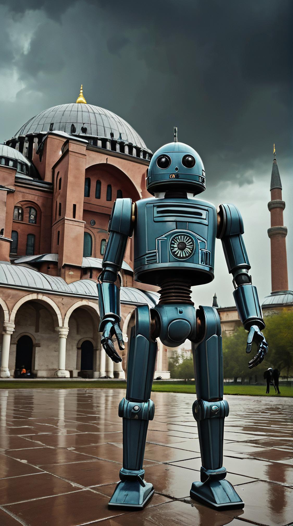 Home, the Home is Wretched, it is anthropomorphic reimagined as a Star Wars movie Droid character, Hagia Sophia in background