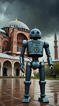 Home, the Home is Wretched, it is anthropomorphic reimagined as a Star Wars movie Droid character, Hagia Sophia in background