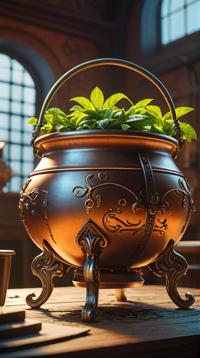 VRay, highly detailed, Dutch angle shot of a Biopunk Biophilic Cauldron, Movie still