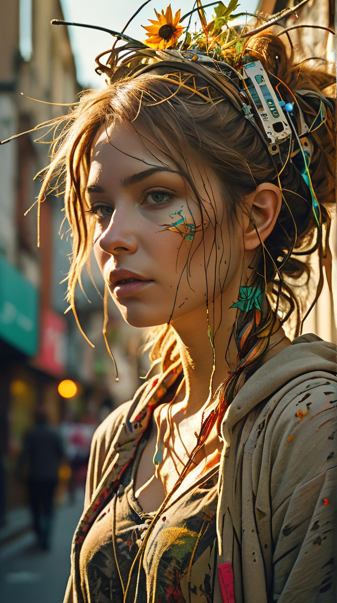 messy art stylized by Carne Griffiths , Hackercore, Illuminated Mysterious Jersey from inside of a Elemental sanctuary, city street