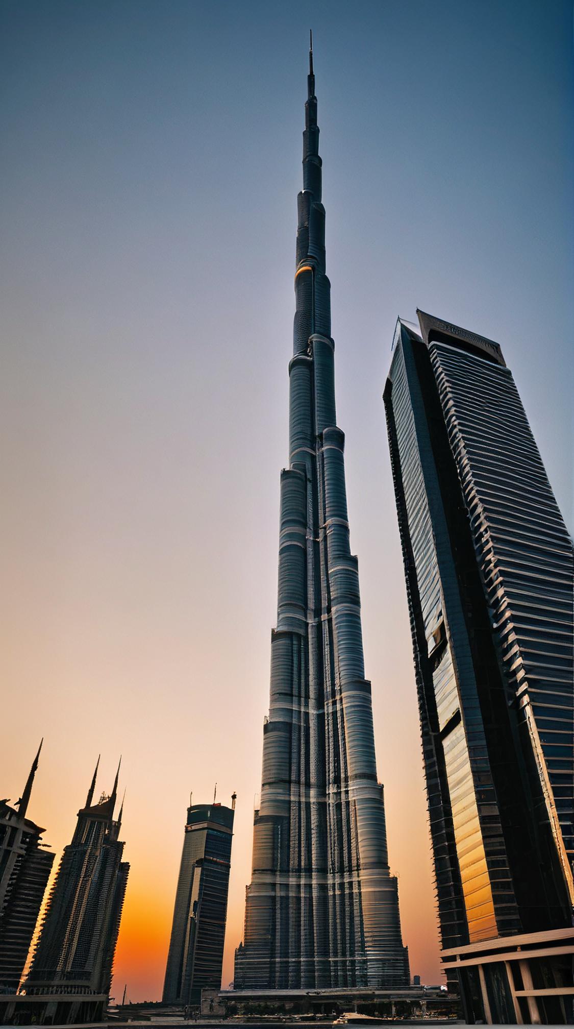 Raw digital photo, lower class The Burj Khalifa, made from Space time curvature, at Sunset