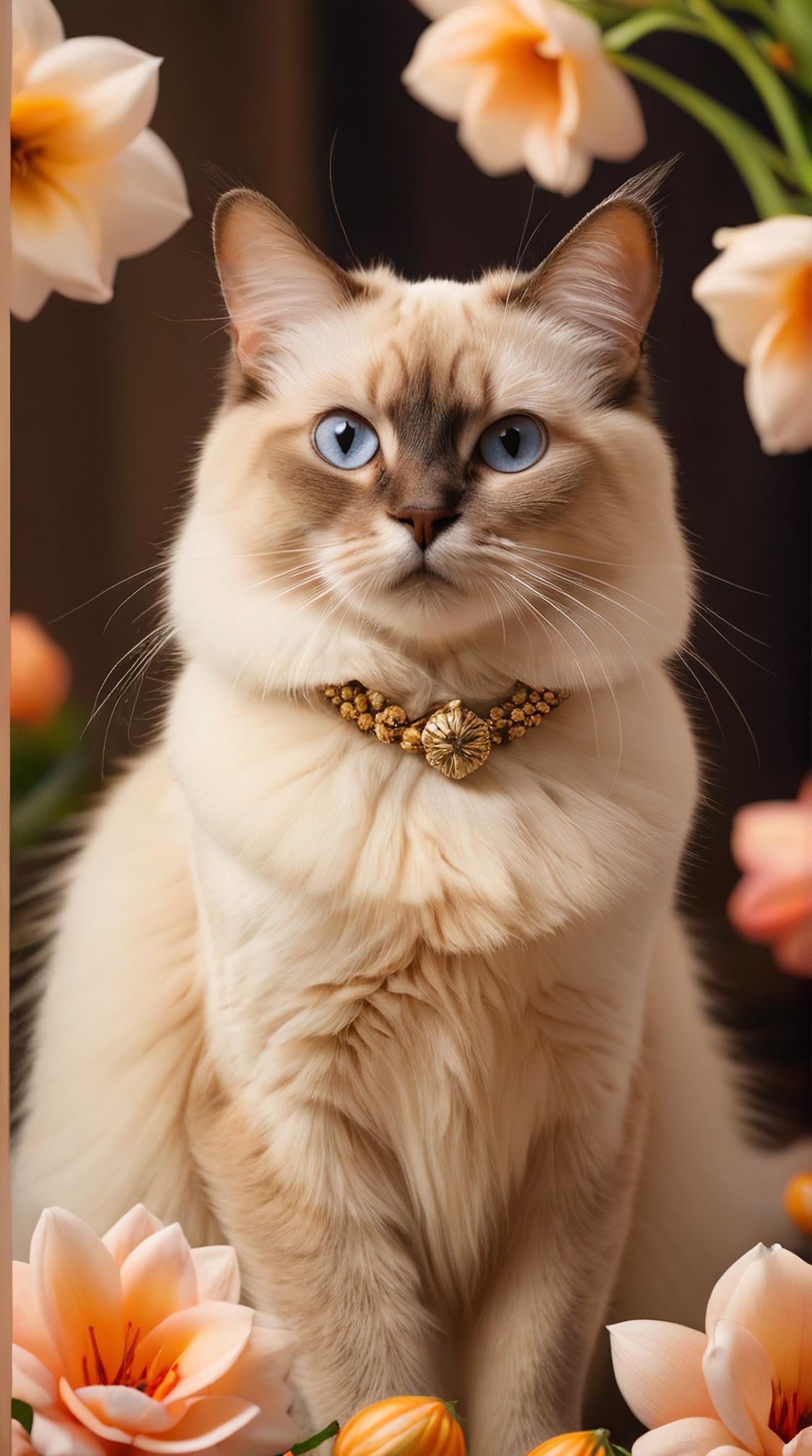 Birman Cat Abyssinian Cat, Flower Bulb background, Romantic, perfect composition