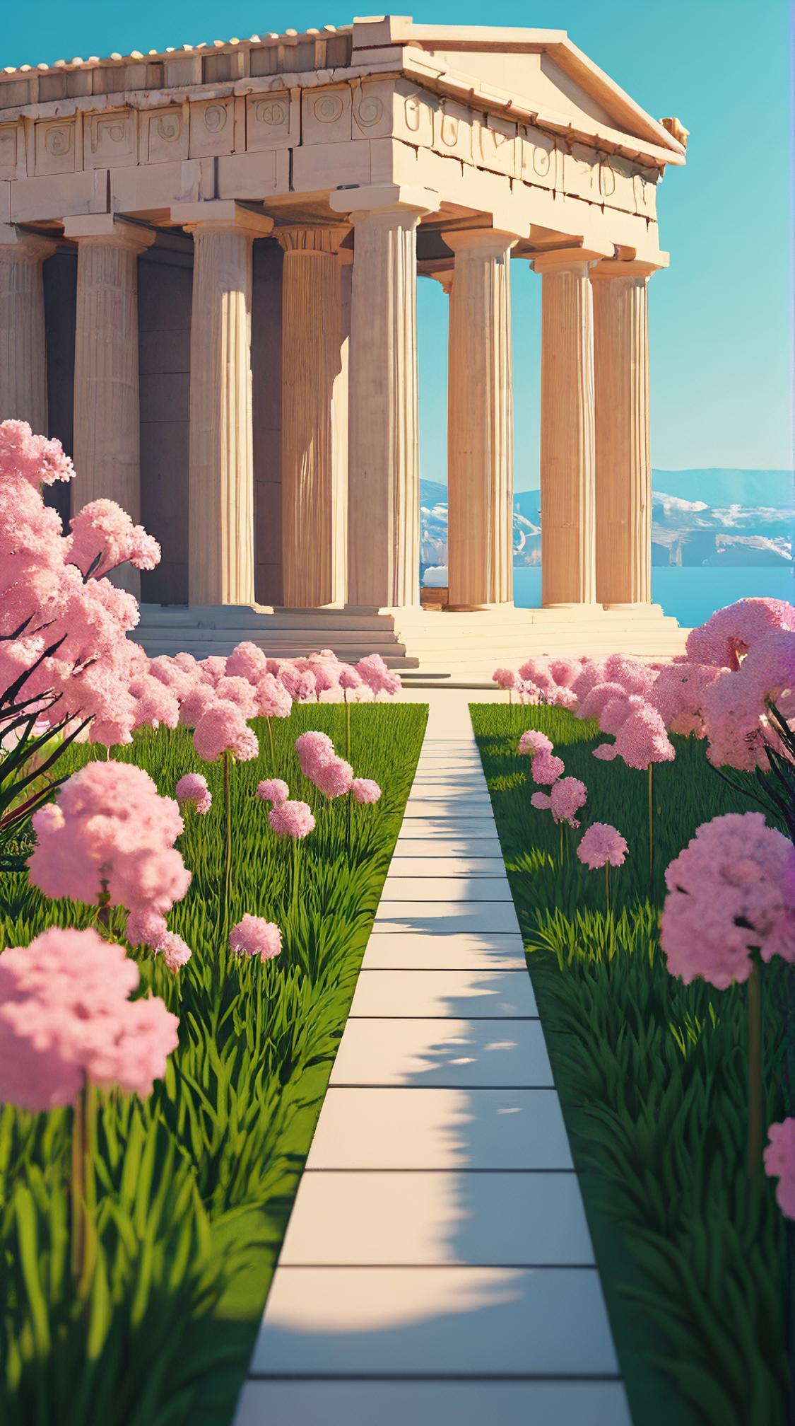 desolate garden, Bugcore, landscape of a Extraordinary Anchorage from inside of The Parthenon, Simple and clean