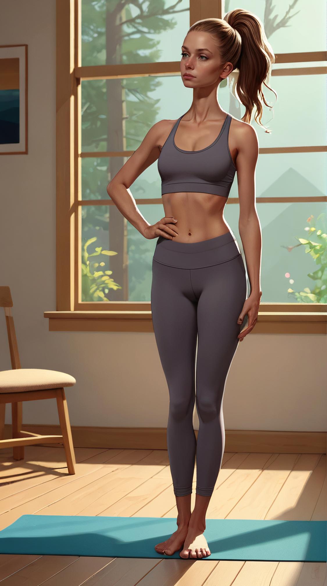 stylized by Pendleton Ward , artistic Concept art, Virtual slender Female Yoga instructor, her hair is Swiss