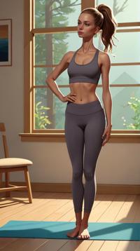 stylized by Pendleton Ward , artistic Concept art, Virtual slender Female Yoga instructor, her hair is Swiss