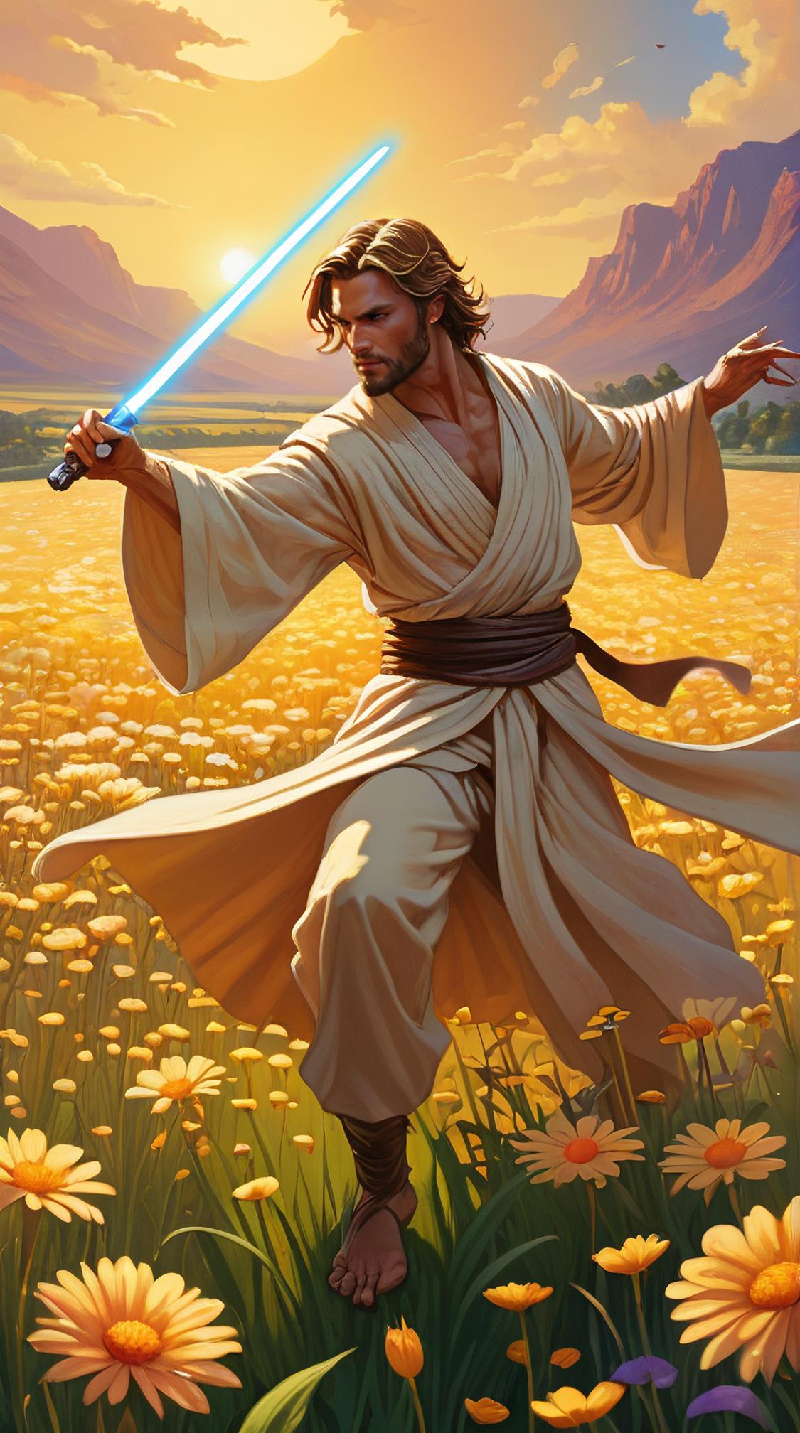 eye level shot of a Male Jedi Dancing, the Jedi has a Bling, flower field, art by dan mumford and marc simonetti