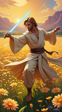 eye level shot of a Male Jedi Dancing, the Jedi has a Bling, flower field, art by dan mumford and marc simonetti