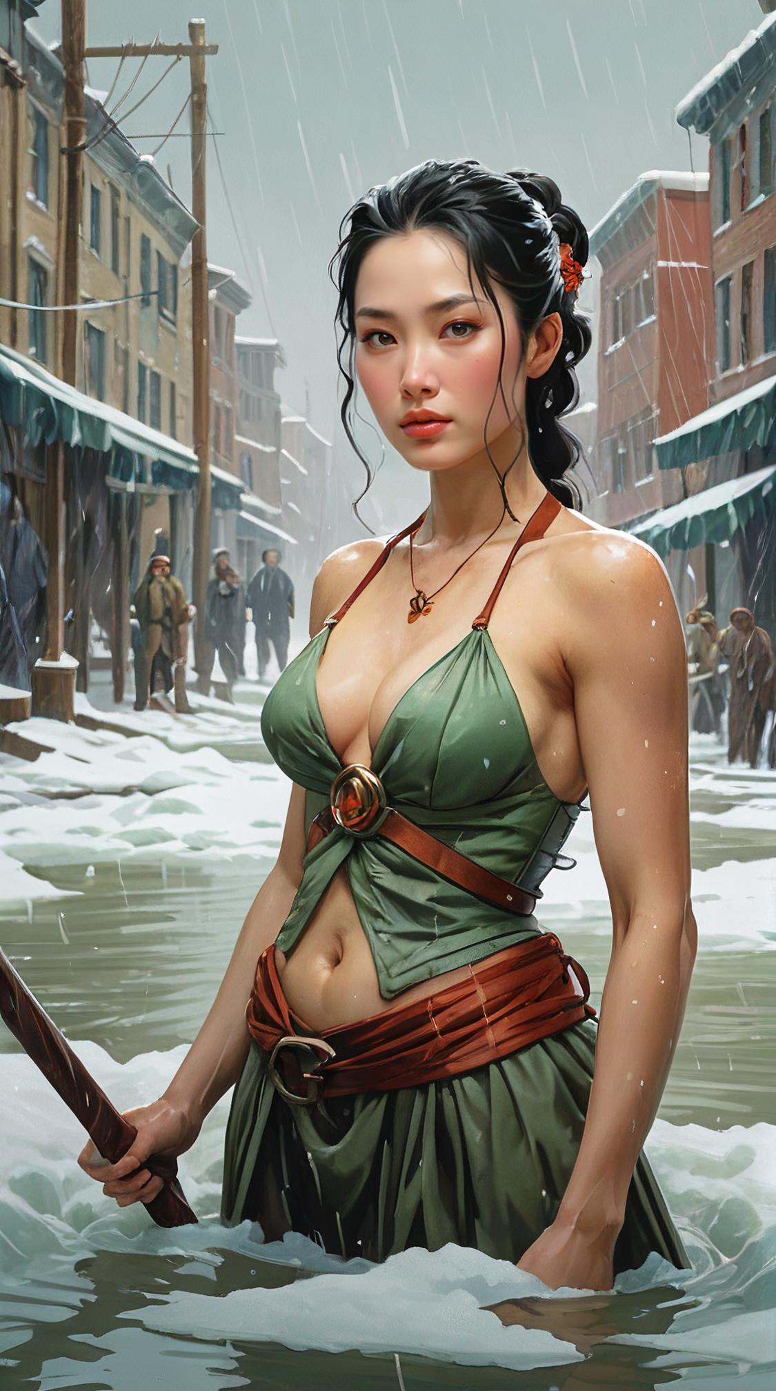 best quality, upper body shot of a The Great Flood , very Frail, Snowing