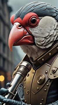 stylized by Stefan Gesell, Herg , close up of a Harsh Cyborg Trumpeter Finch, Gigantic Geneva in background