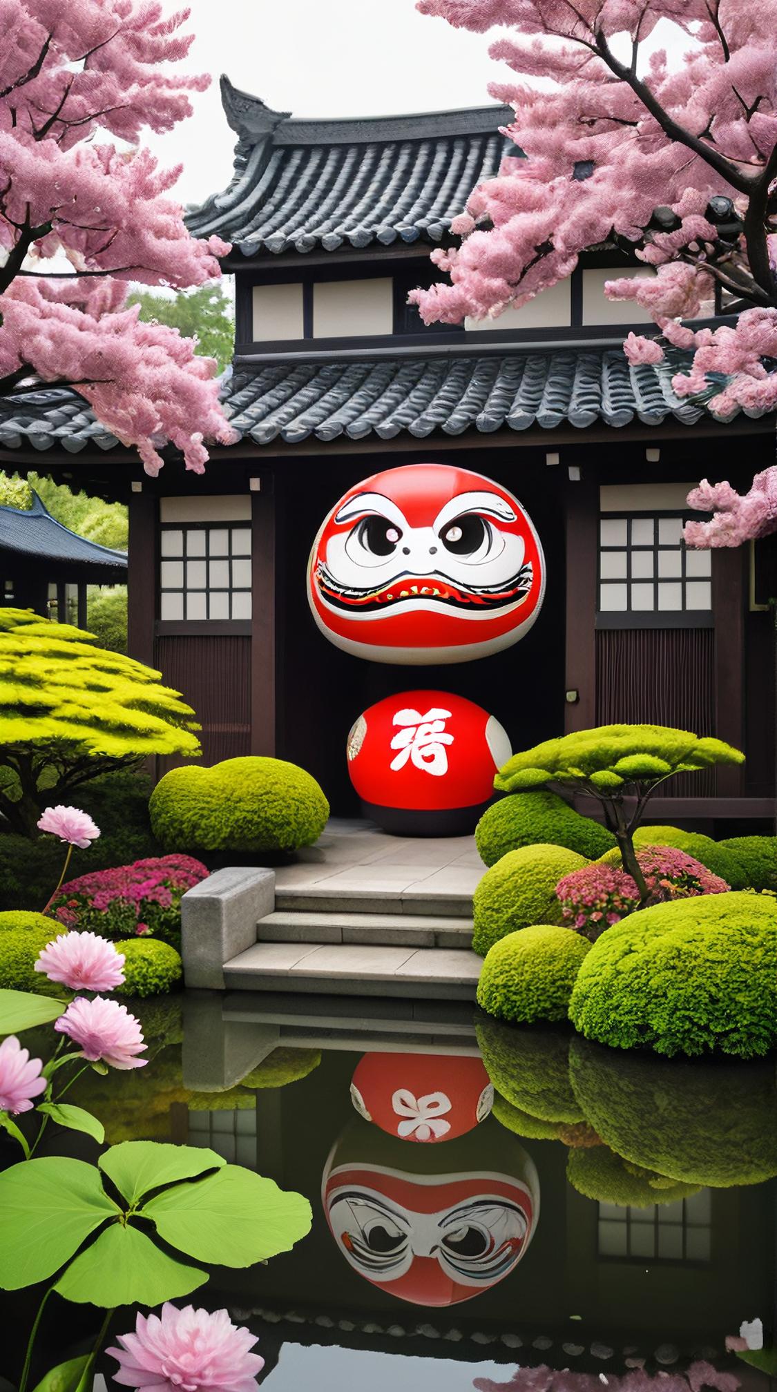 Academia, Biophilic Daruma , at pond, dense blossoms