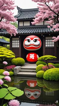 Academia, Biophilic Daruma , at pond, dense blossoms