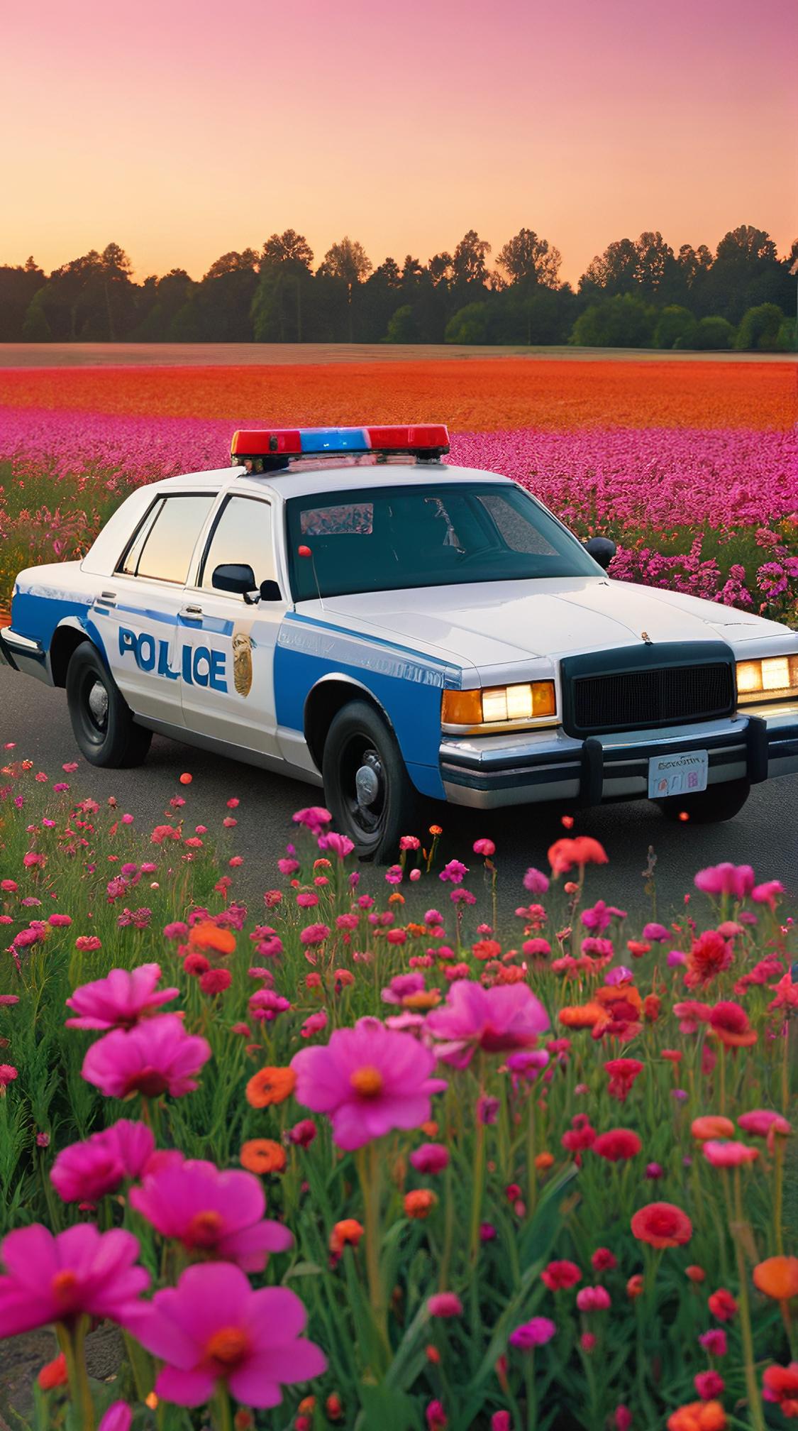 designed by HUSH and Justin Bua , Cinematic still, flower field, Fashion shot of a Police car