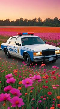 designed by HUSH and Justin Bua , Cinematic still, flower field, Fashion shot of a Police car