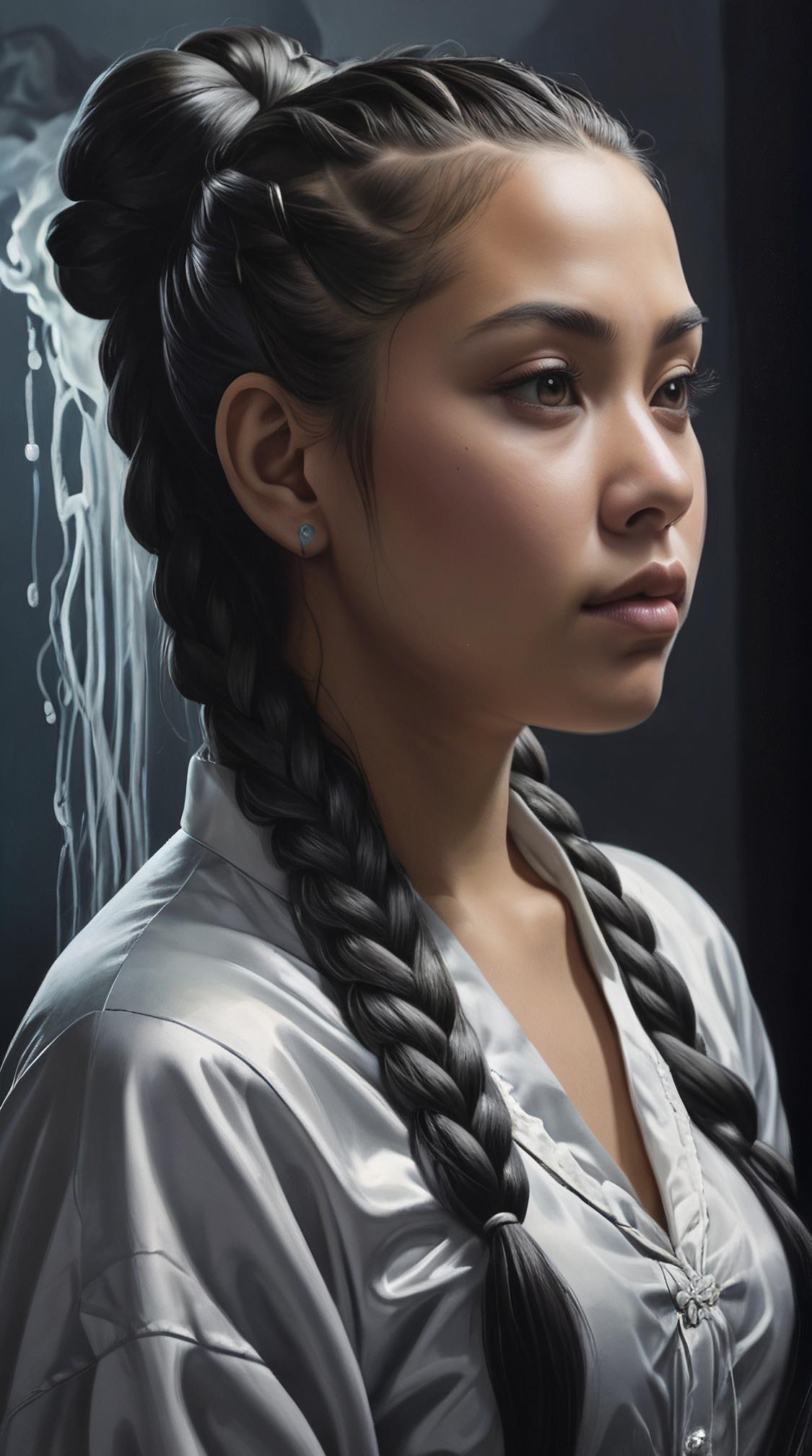 Oil painting, Hard portly Marshallese Female Ghost of Study , Braided half up half down hair, water