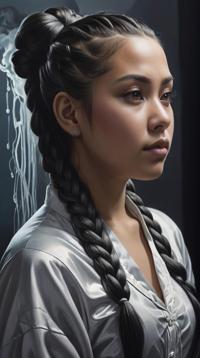 Oil painting, Hard portly Marshallese Female Ghost of Study , Braided half up half down hair, water