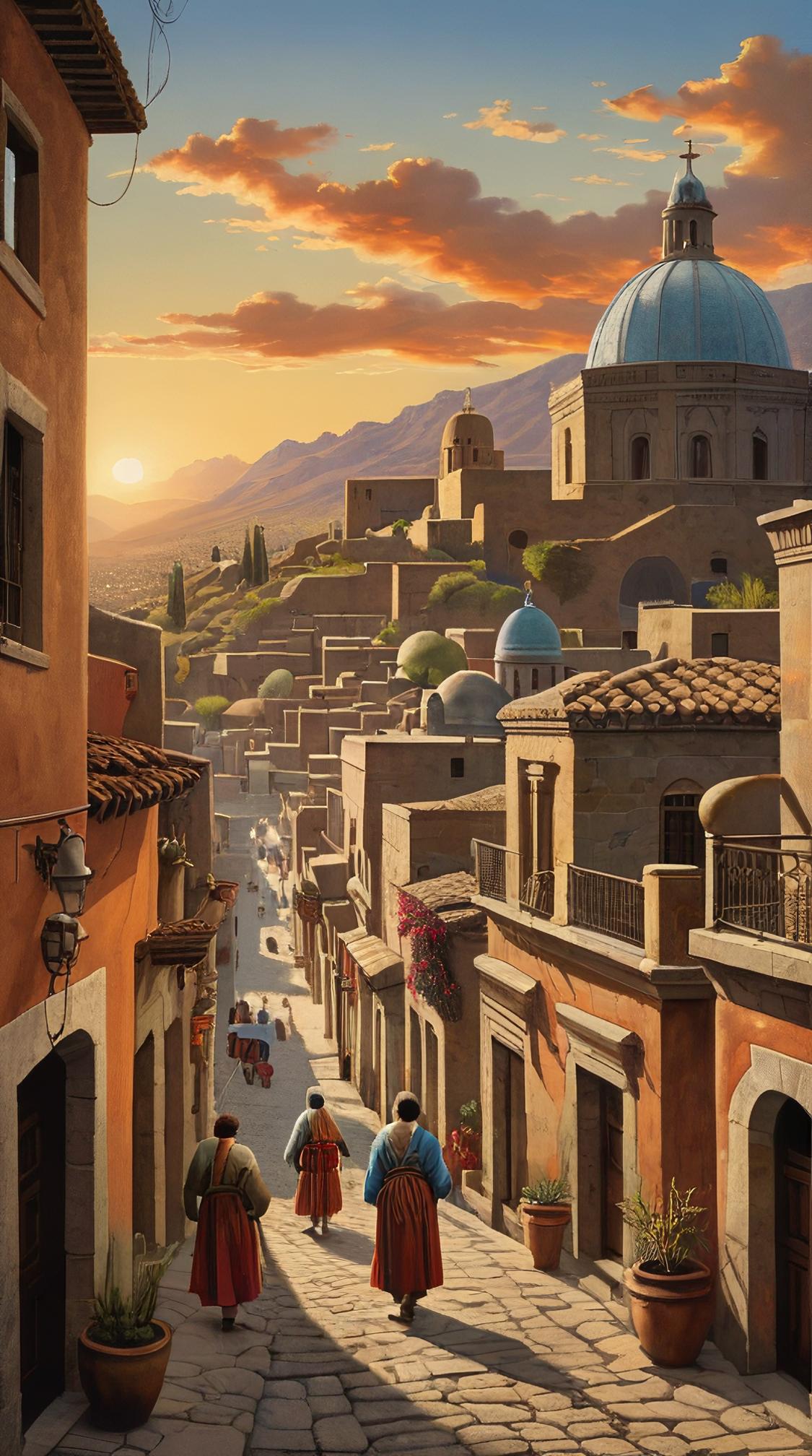 designed by Artus Scheiner Charles White , landscape of a Mystical Arequipa, detailed S background, at Golden hour